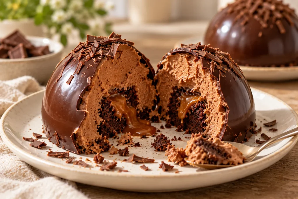 Broken chocolate dome showing a crisp chocolate shell, creamy mousse, and hidden brownie caramel center.