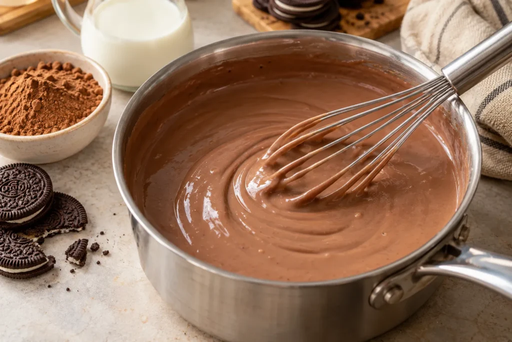 Creamy Milo malt chocolate pudding being whisked in a saucepan until thick and smooth.