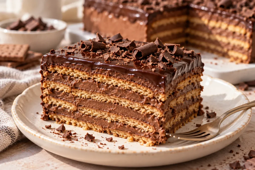 Slice of no-bake chocolate graham cake showing soft cracker layers, creamy chocolate filling, and ganache topping.