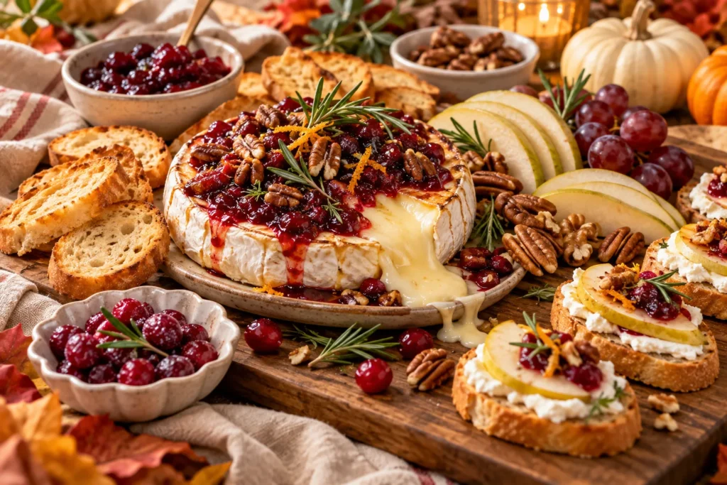 Thanksgiving dessert table with pumpkin cheesecake, cranberry apple tart, maple pecan cheesecake, and pumpkin mousse