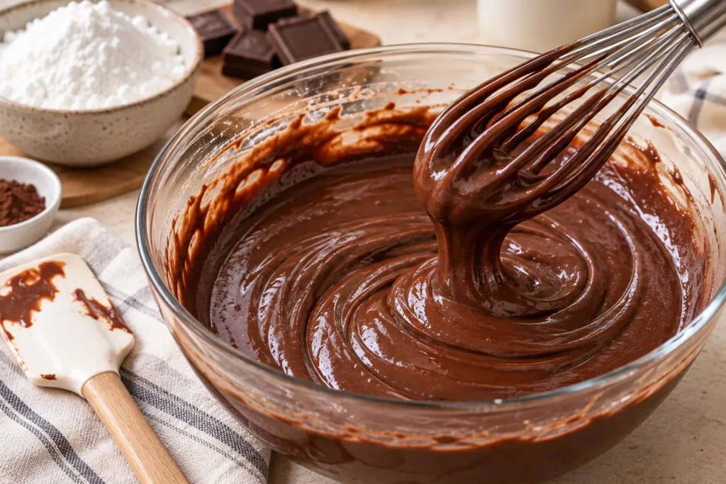 Ingredients for gooey chocolate mochi cake, including glutinous rice flour, cocoa, chocolate, milk, and coconut milk.