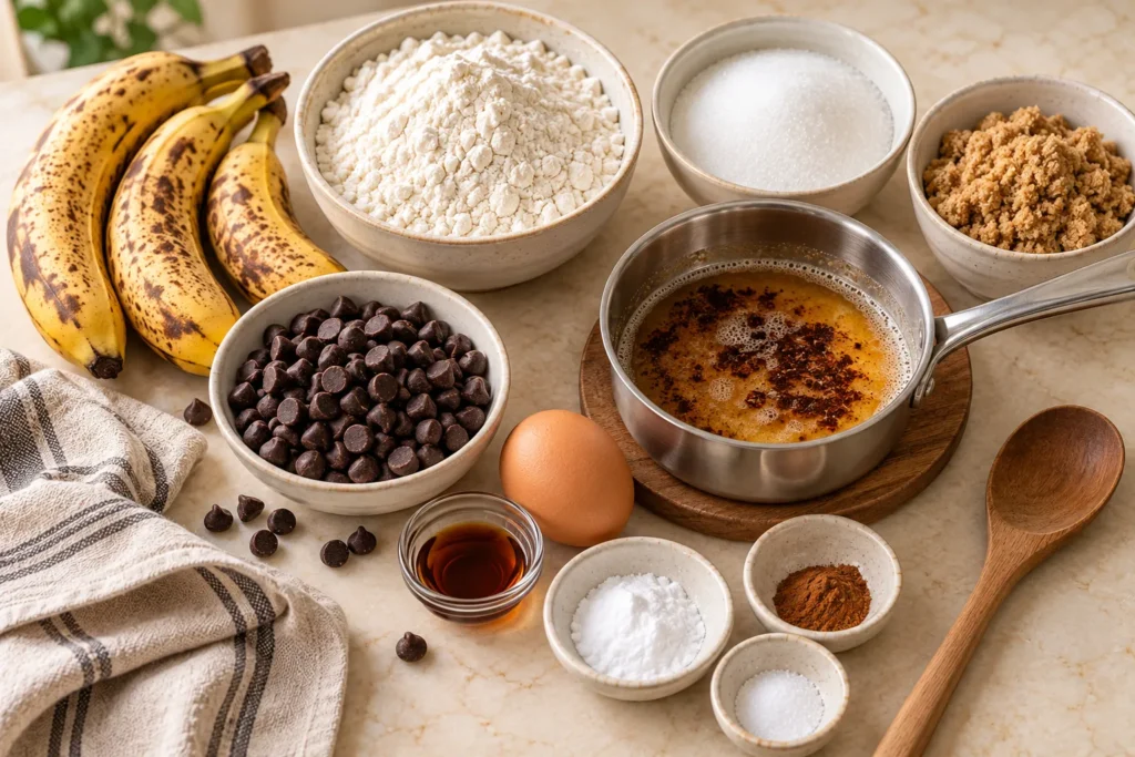 Ripe bananas, butter, flour, sugars, egg, vanilla, and chocolate chips arranged for banana bread.