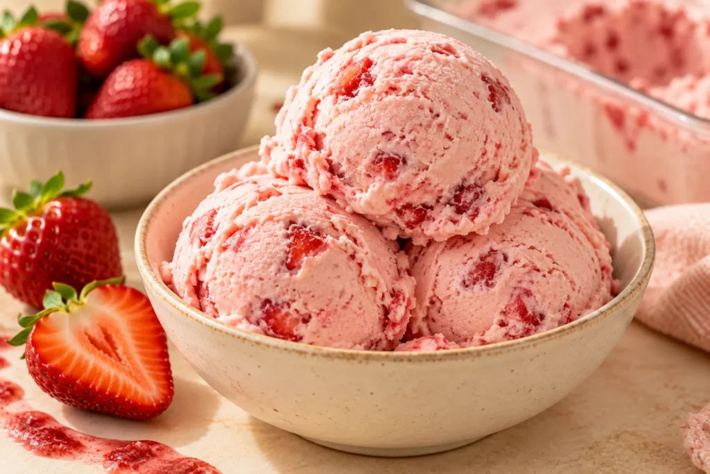 Close-up of creamy strawberry ice cream scoops with small strawberry pieces and fresh berries.