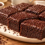 Moist steamed chocolate brownies topped with glossy chocolate and chocolate sprinkles.