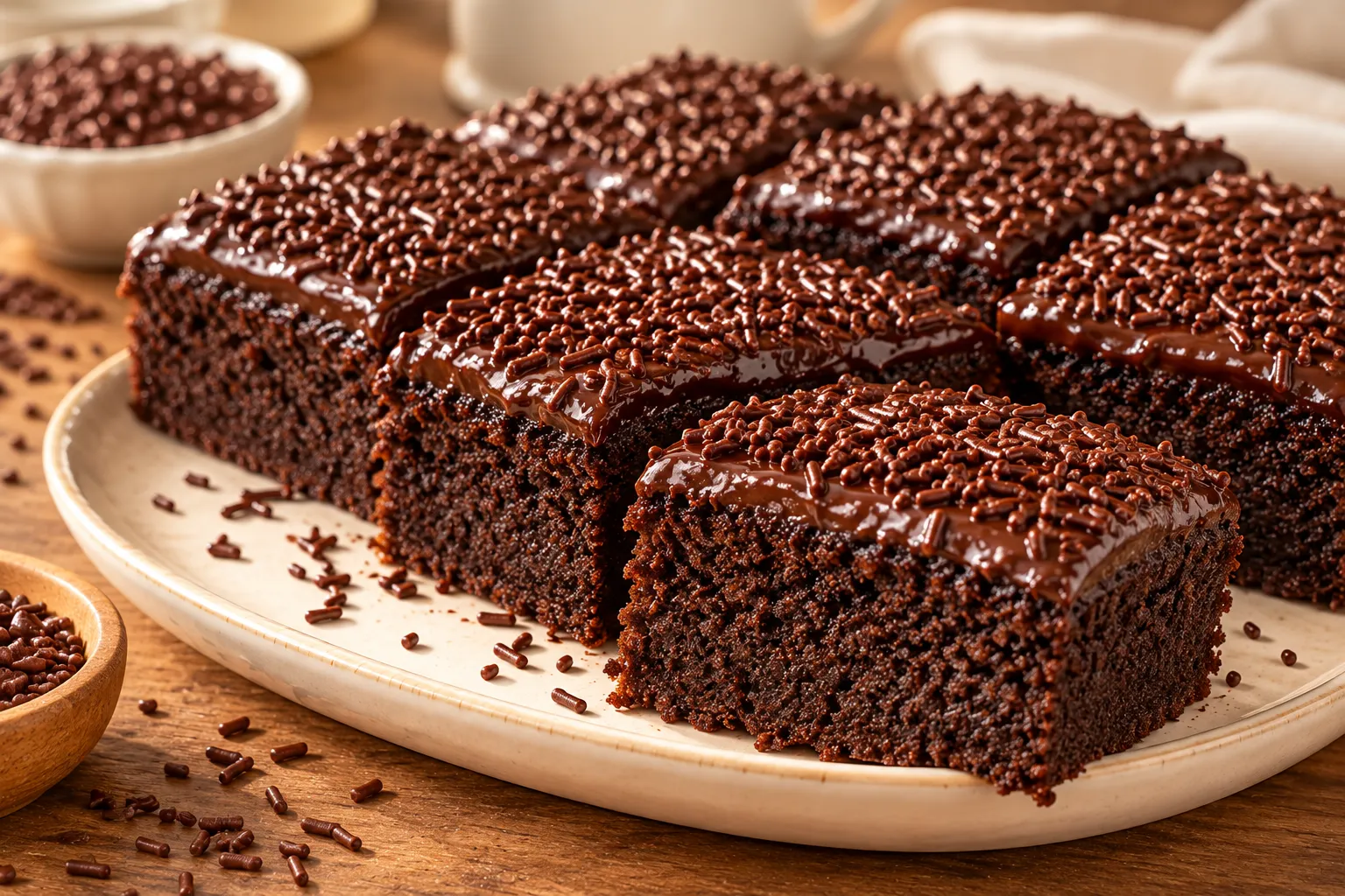 Moist steamed chocolate brownies topped with glossy chocolate and chocolate sprinkles.