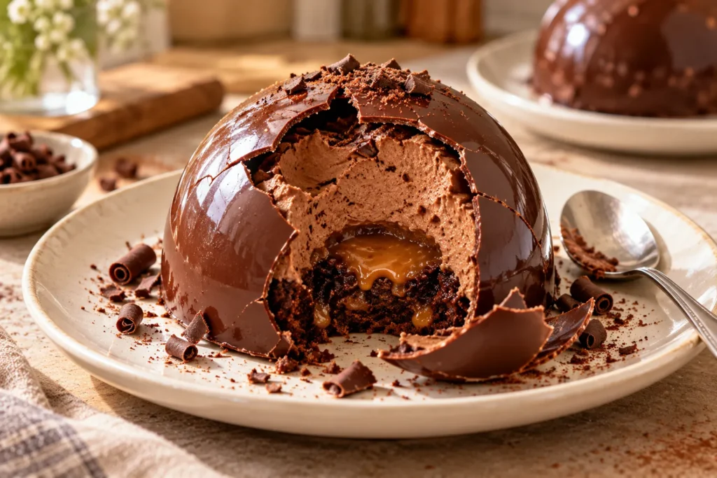 Glossy chocolate dome cracked open to reveal creamy chocolate mousse and a hidden brownie center.