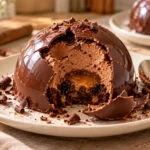 Glossy chocolate dome cracked open to reveal creamy chocolate mousse and a hidden brownie center.