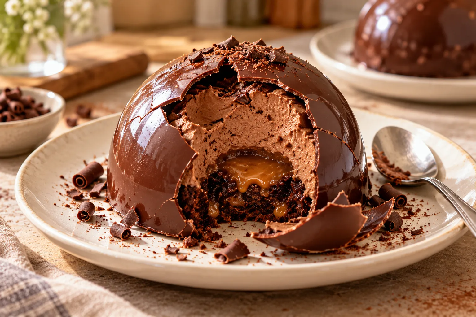 Glossy chocolate dome cracked open to reveal creamy chocolate mousse and a hidden brownie center.
