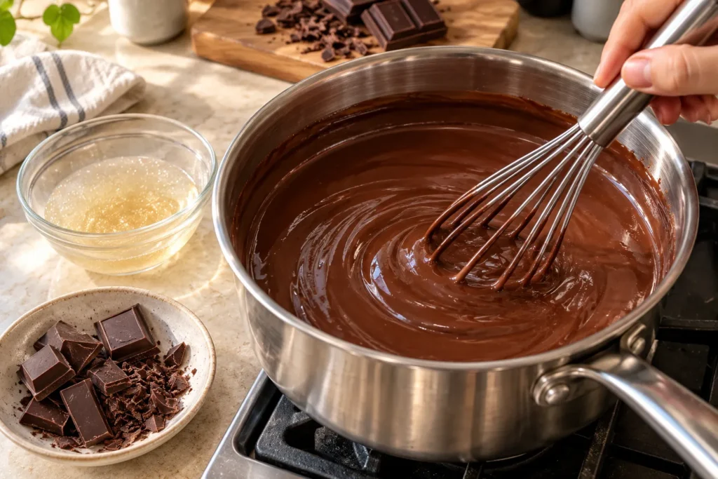 Whisking melted chocolate, milk, and cream together in a saucepan to prepare chocolate gelatin.