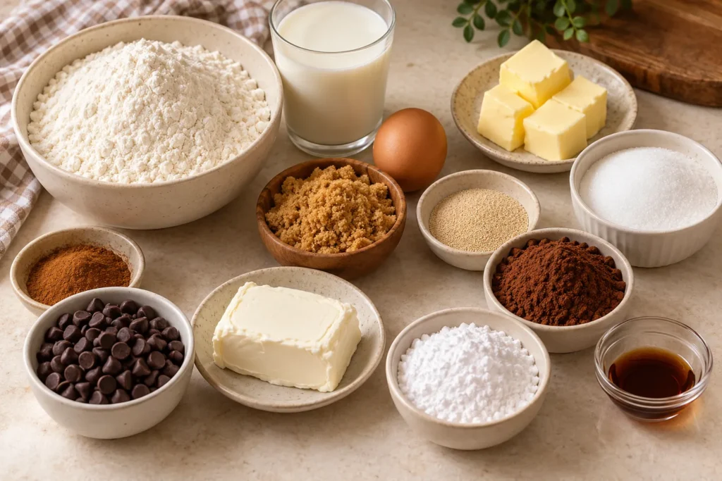 Flour, milk, eggs, butter, cocoa, cinnamon, chocolate chips, and frosting ingredients for chocolate cinnamon rolls.