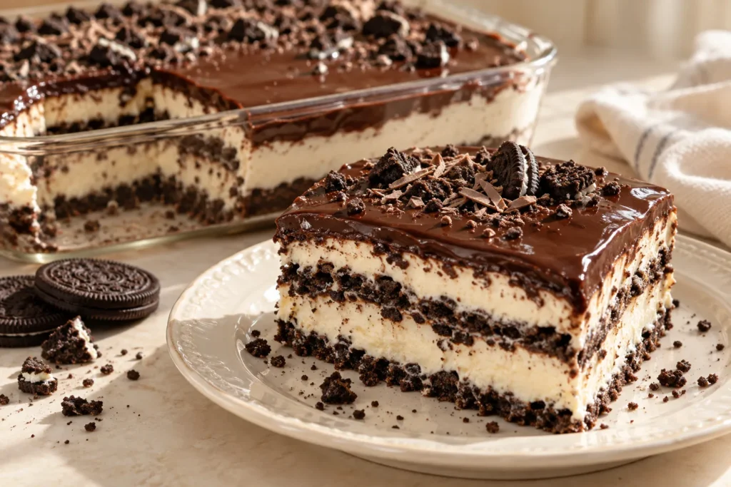 Slice of Oreo Carlota with distinct cookie and cream layers beneath a glossy chocolate fudge topping.