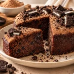 Homemade Oreo Milo chocolate cake made with crushed Oreo cookies, chocolate malt powder, and milk.
