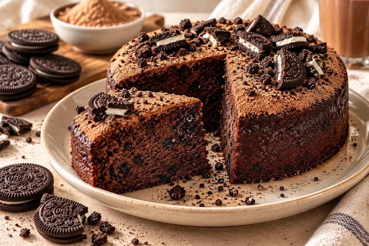Homemade Oreo Milo chocolate cake made with crushed Oreo cookies, chocolate malt powder, and milk.
