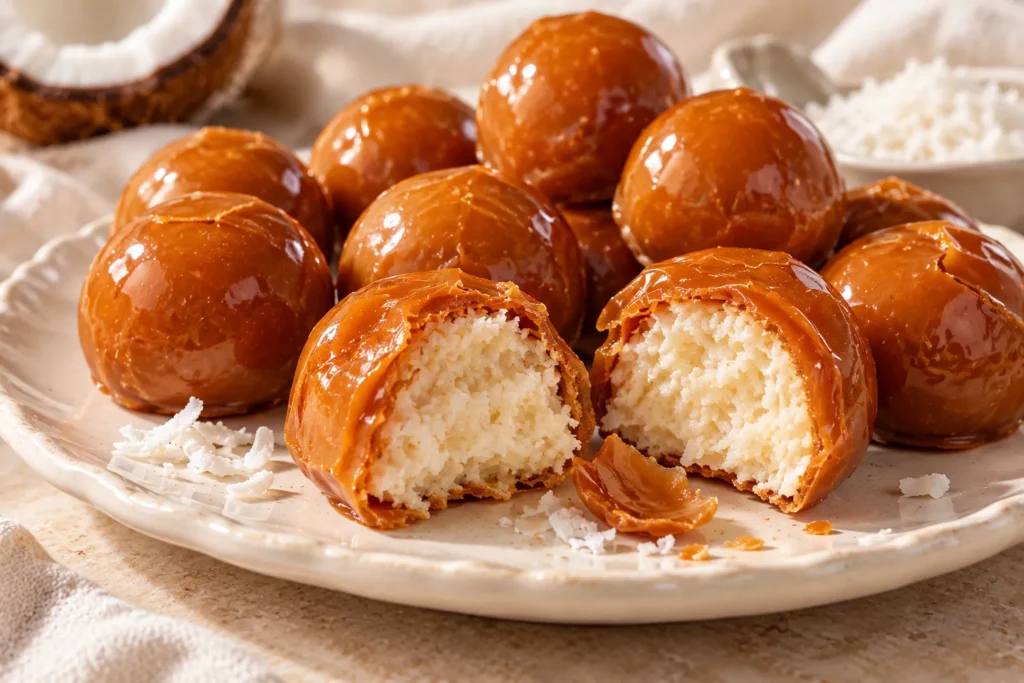 Homemade Bala Baiana coconut candies with a golden crispy caramel coating and creamy coconut centers.