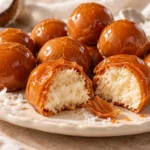 Homemade Bala Baiana coconut candies with a golden crispy caramel coating and creamy coconut centers.