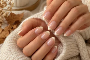 Creamy beige French tip nails for early fall.