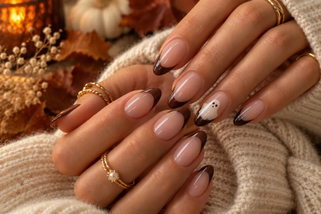 Chocolate brown French tips with tiny white ghost accents