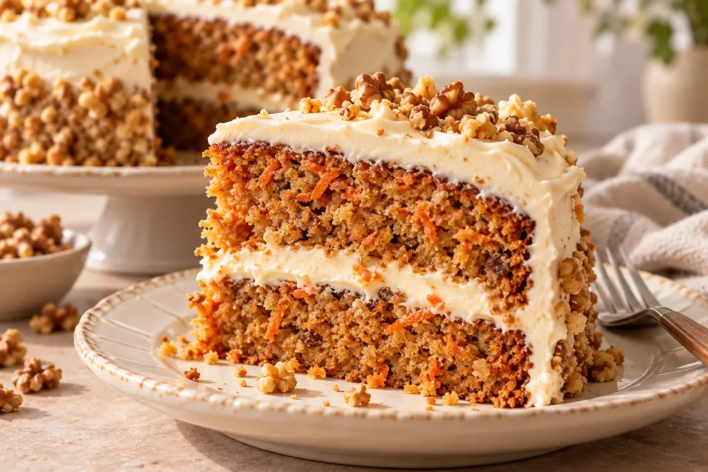 Slice of moist homemade carrot cake with thick cream cheese frosting and a tender cinnamon-spiced crumb.