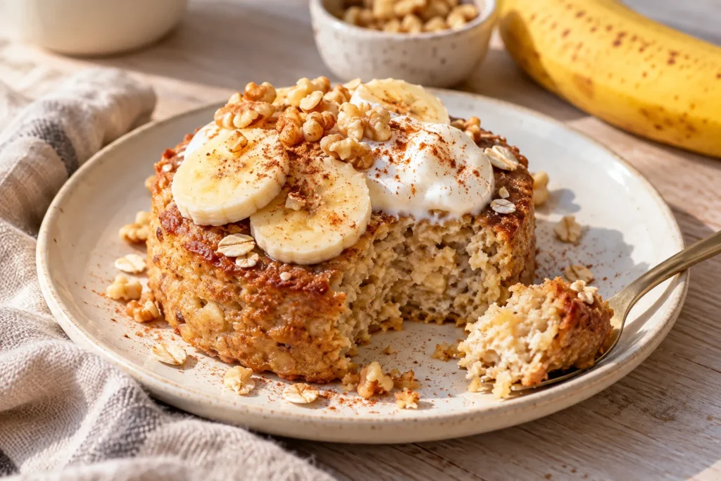 Healthy banana oat mug cake served with banana slices, Greek yogurt, walnuts, and cinnamon.