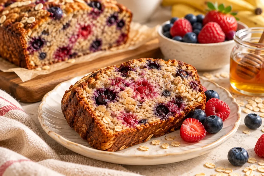 Thick slice of banana berry oat bread showing a moist oat crumb with blueberries and raspberries.