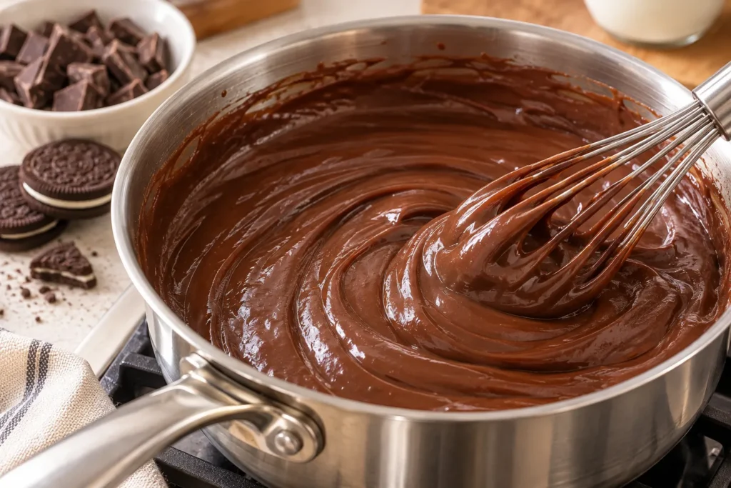Thick homemade chocolate pudding being whisked until smooth for Oreo dessert cups.