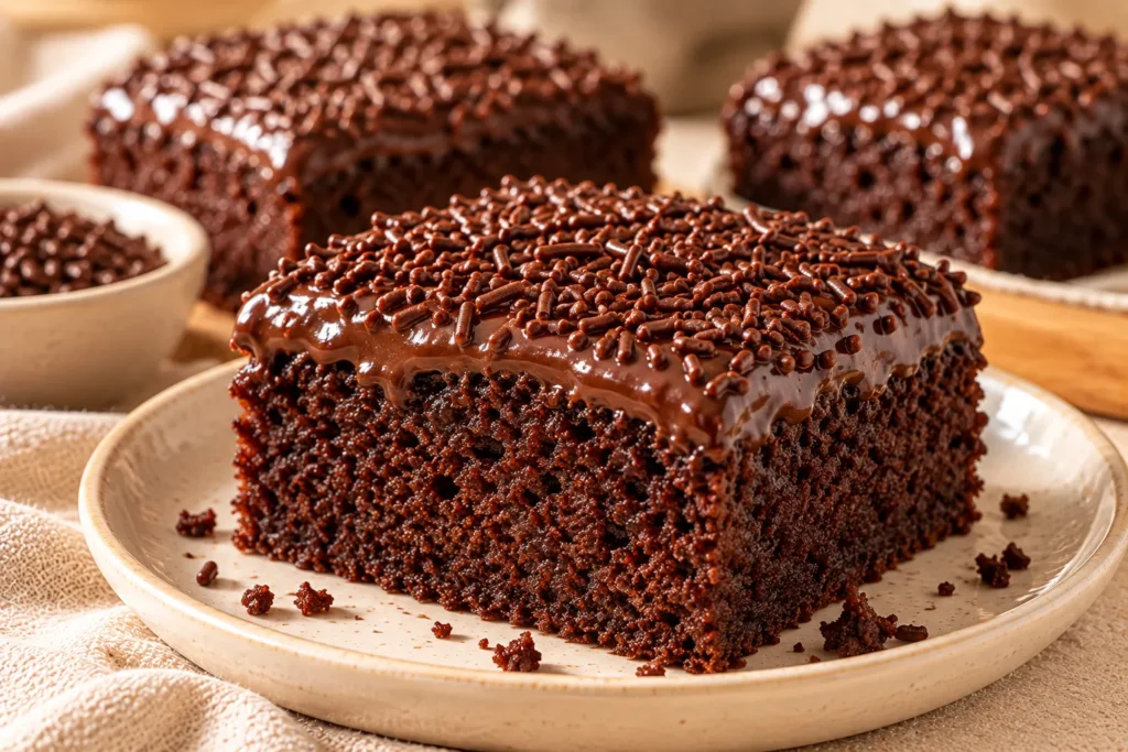 Close-up of a soft steamed chocolate brownie slice with chocolate glaze and sprinkles.