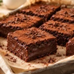 Gooey chocolate mochi cake squares with a rich, moist, chewy chocolate interior.