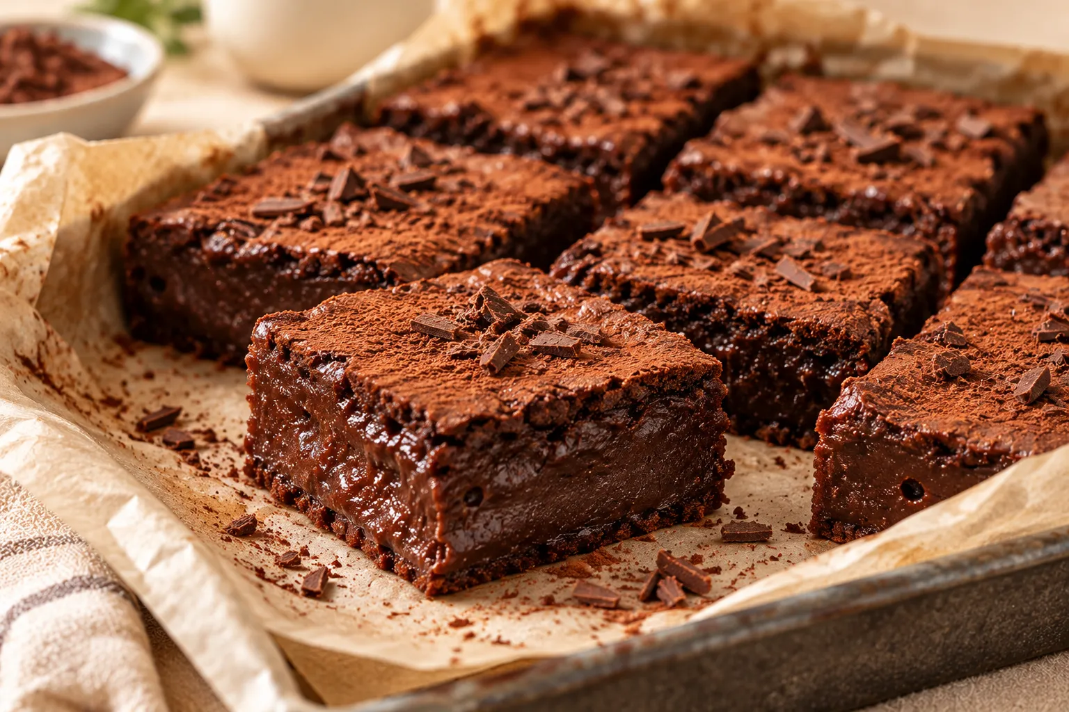 Gooey chocolate mochi cake squares with a rich, moist, chewy chocolate interior.
