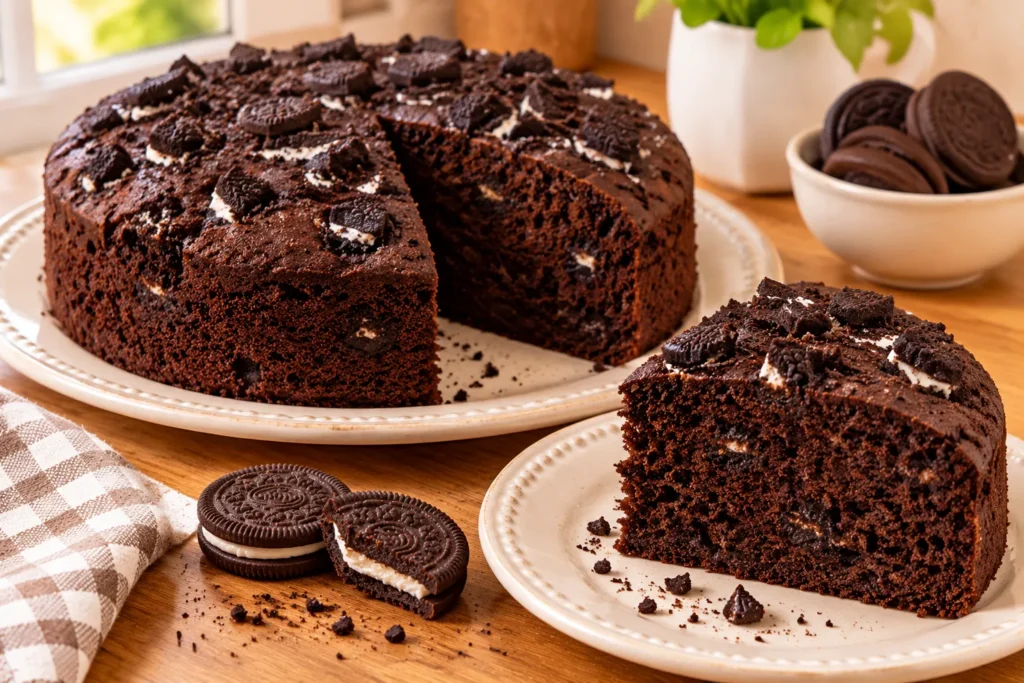 Homemade four-ingredient Oreo steamed cake sliced on a ceramic plate with chocolate sandwich cookies nearby.