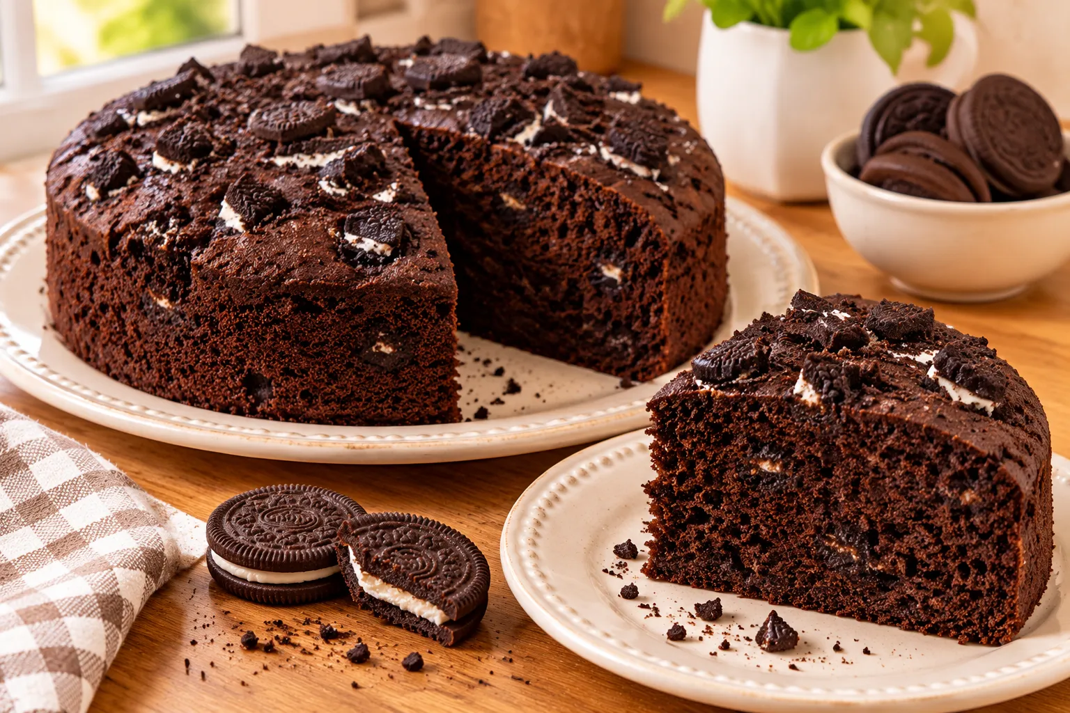 Homemade four-ingredient Oreo steamed cake sliced on a ceramic plate with chocolate sandwich cookies nearby.