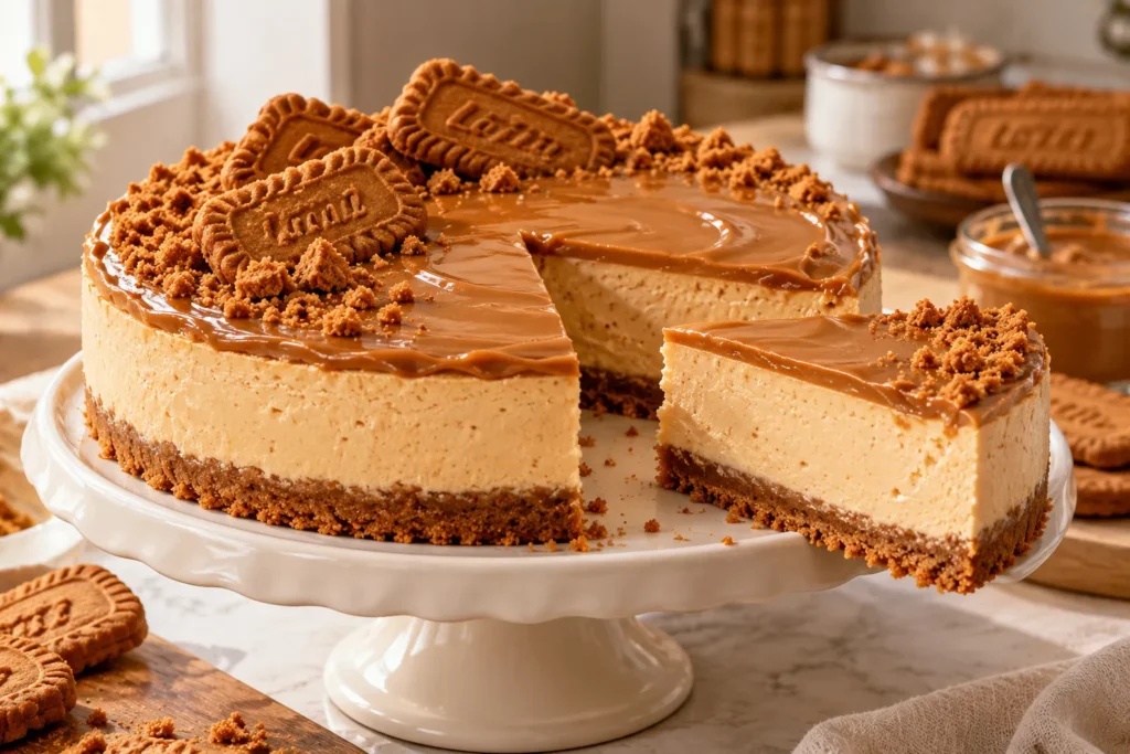 No-bake Lotus Biscoff cheesecake with a creamy filling, buttery biscuit crust, and glossy cookie butter topping.