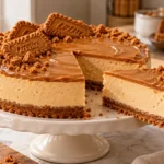 No-bake Lotus Biscoff cheesecake with a creamy filling, buttery biscuit crust, and glossy cookie butter topping.