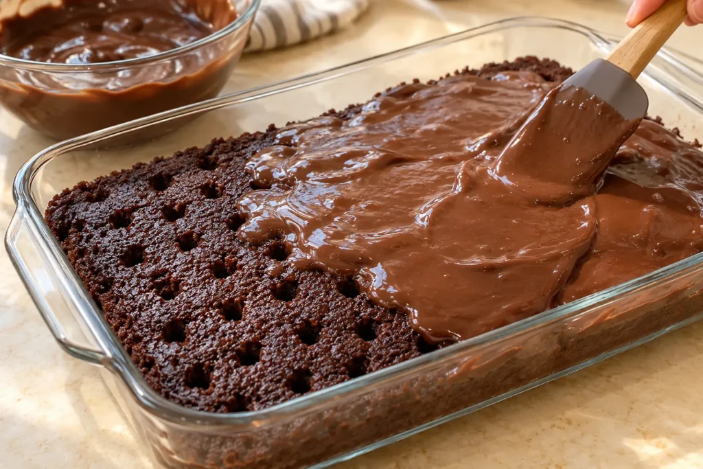 Chocolate pudding being spread over a freshly baked chocolate poke cake to fill the holes.
