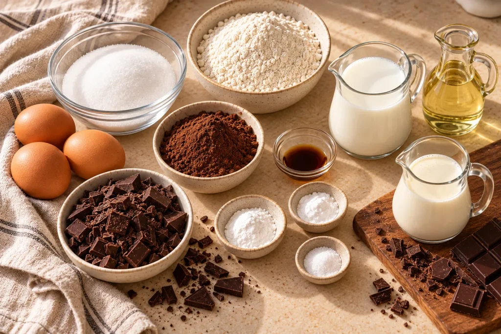 Ingredients for homemade Matilda chocolate cake, including cocoa powder, eggs, flour, milk, sugar, chocolate, and cream.