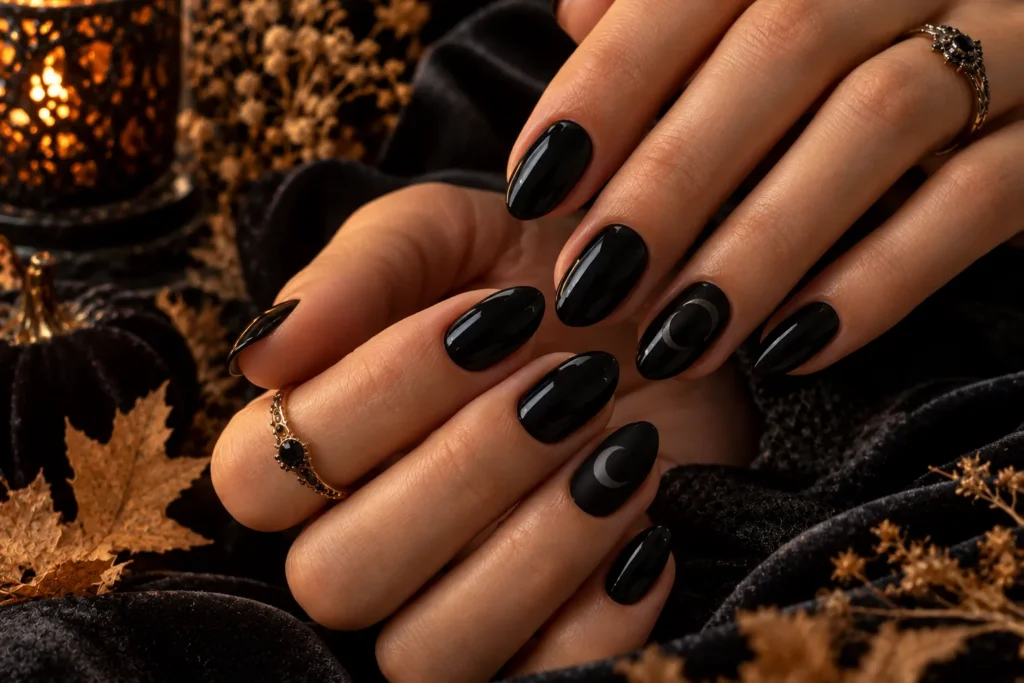 Classic glossy black Halloween nails with elegant minimalist styling