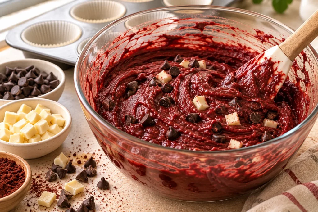 Deep-red velvet muffin batter being mixed with chocolate chips before baking.