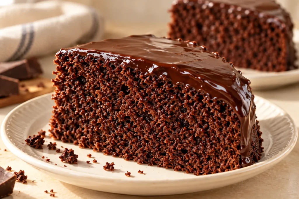 Close-up of a moist steamed chocolate cake slice showing its soft fudgy interior and chocolate topping.