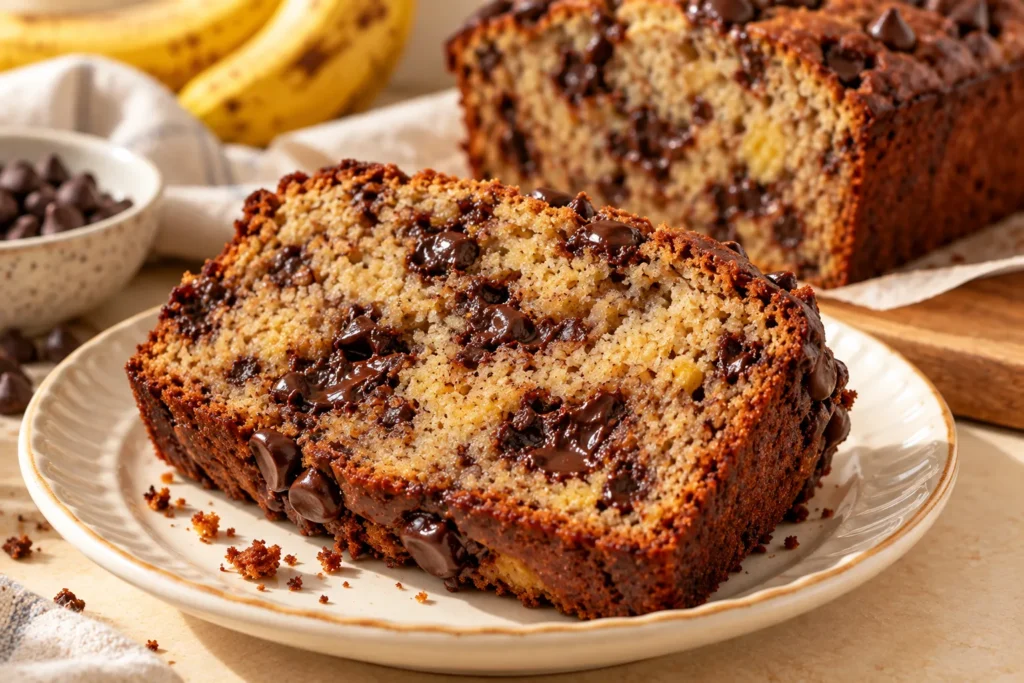 Close-up of a moist banana bread slice filled with chocolate chips and surrounded by golden crust.