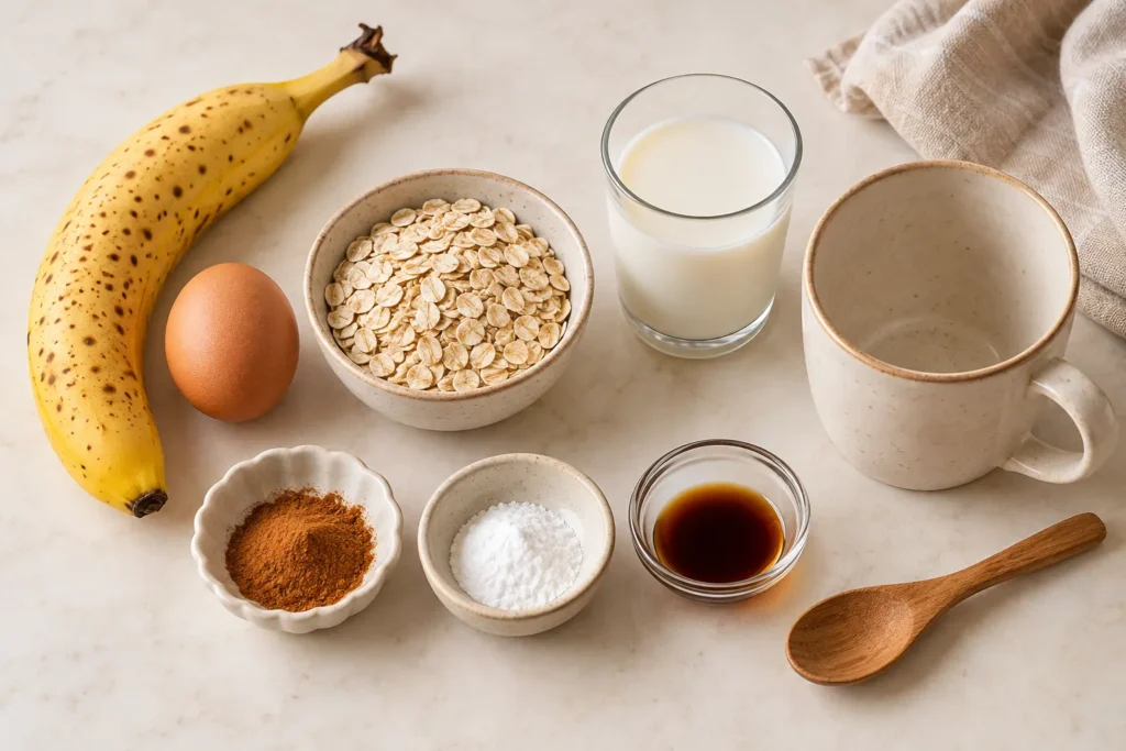 Banana, rolled oats, egg, milk, cinnamon, and baking powder for a healthy mug cake.