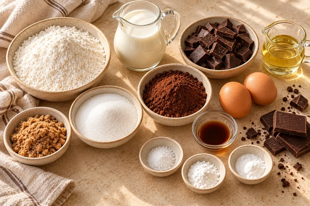 Ingredients for ultra-fudgy dark chocolate cake, including cocoa powder, dark chocolate, flour, eggs, and buttermilk.