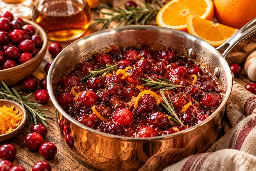 Homemade cranberry maple glaze simmering with fresh cranberries, orange, maple syrup, and rosemary.