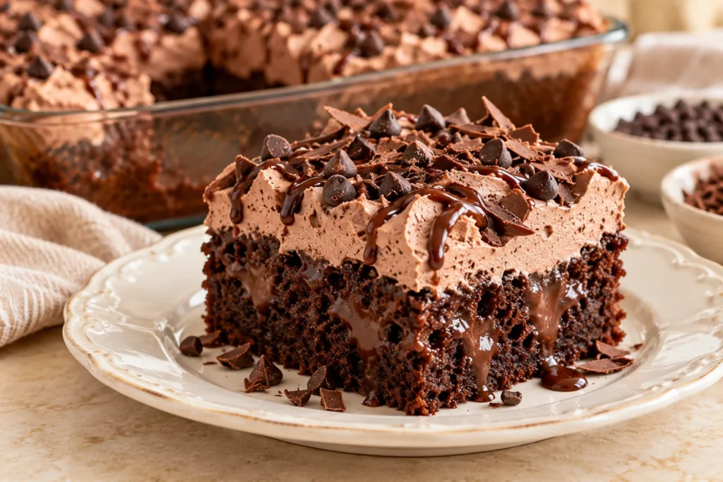 Slice of Death by Chocolate Poke Cake showing moist chocolate cake, pudding filling, chocolate whipped cream, and chocolate toppings.