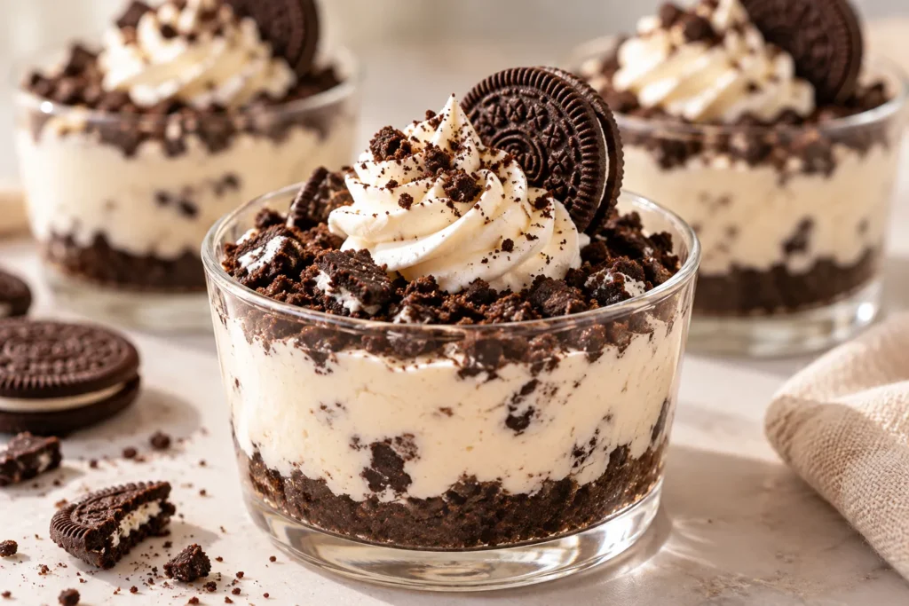 Close-up of a mini Oreo cheesecake cup showing its chocolate cookie crust, creamy filling, and Oreo topping.