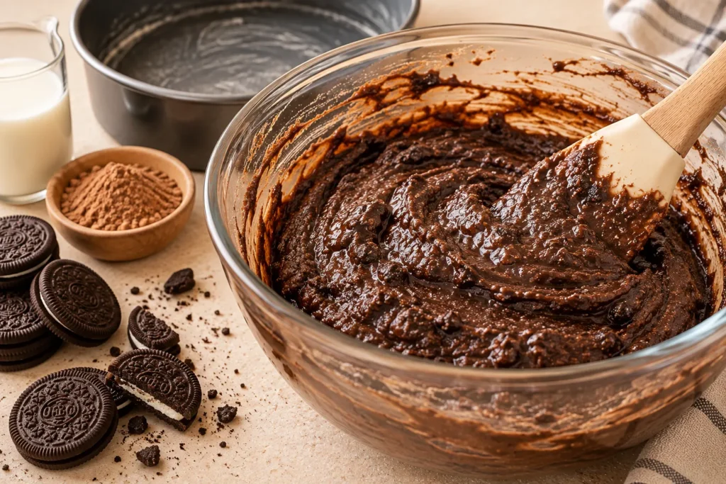Thick chocolate batter made from crushed Oreo cookies, Milo powder, and milk in a glass mixing bowl.