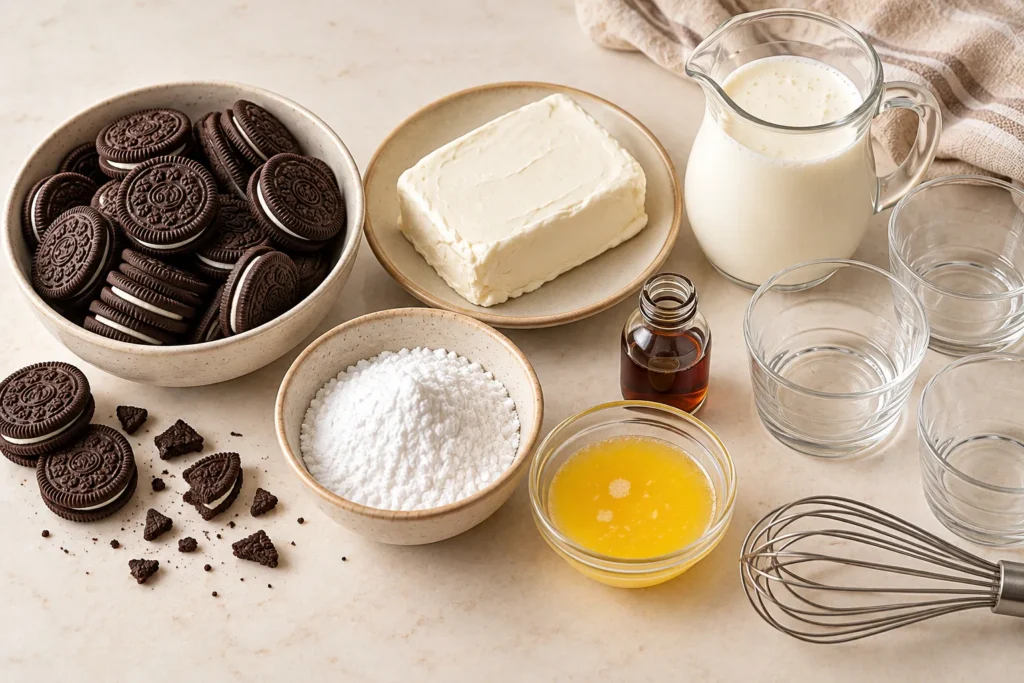 Oreo cookies, cream cheese, whipping cream, powdered sugar, butter, and vanilla for no-bake cheesecake cups.