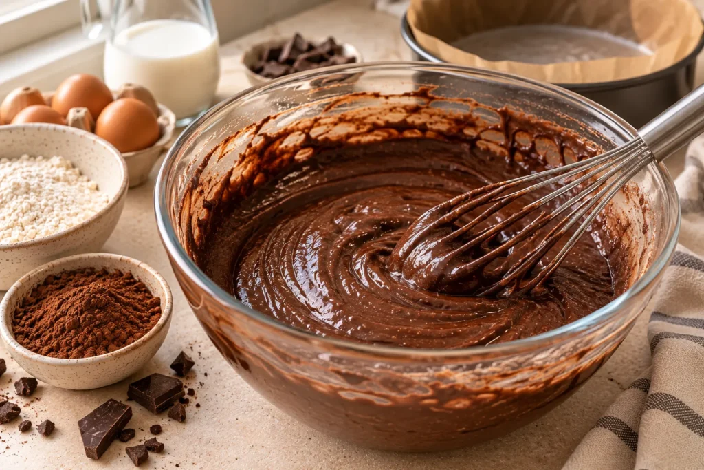 Smooth dark chocolate cake batter mixed in a glass bowl before baking the homemade cake.