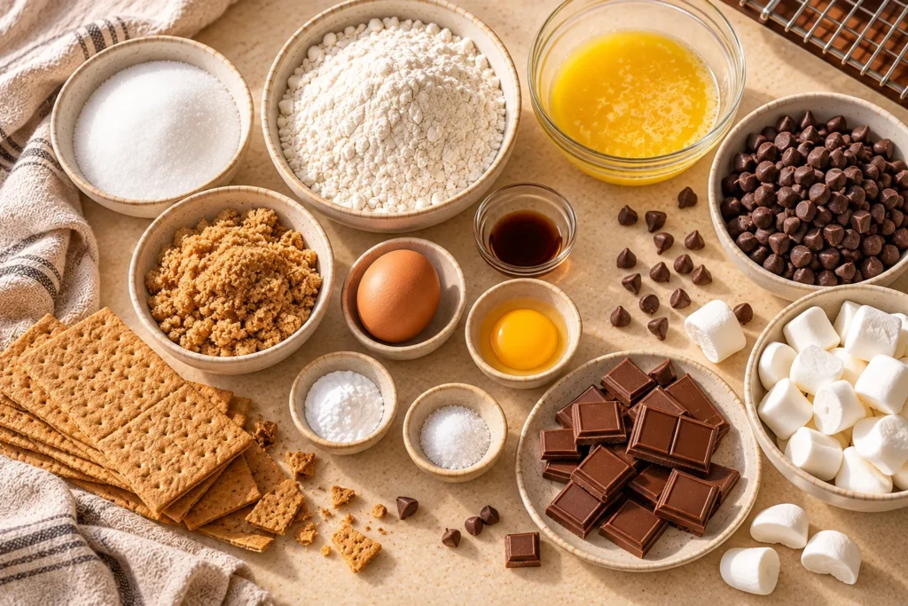 Ingredients for S’mores Cookie Bars, including flour, brown sugar, butter, chocolate chips, marshmallows, and graham crackers.