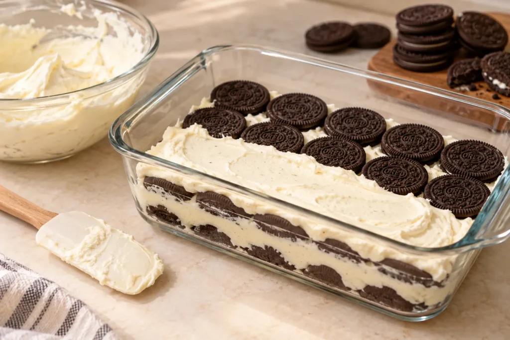 Alternating Oreo cookie layers and creamy filling being assembled in a glass dish for no-bake Carlota.