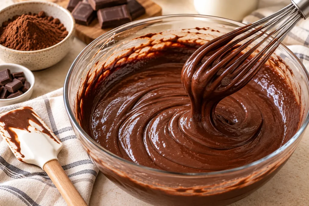 Smooth dark chocolate cake batter being mixed before baking.