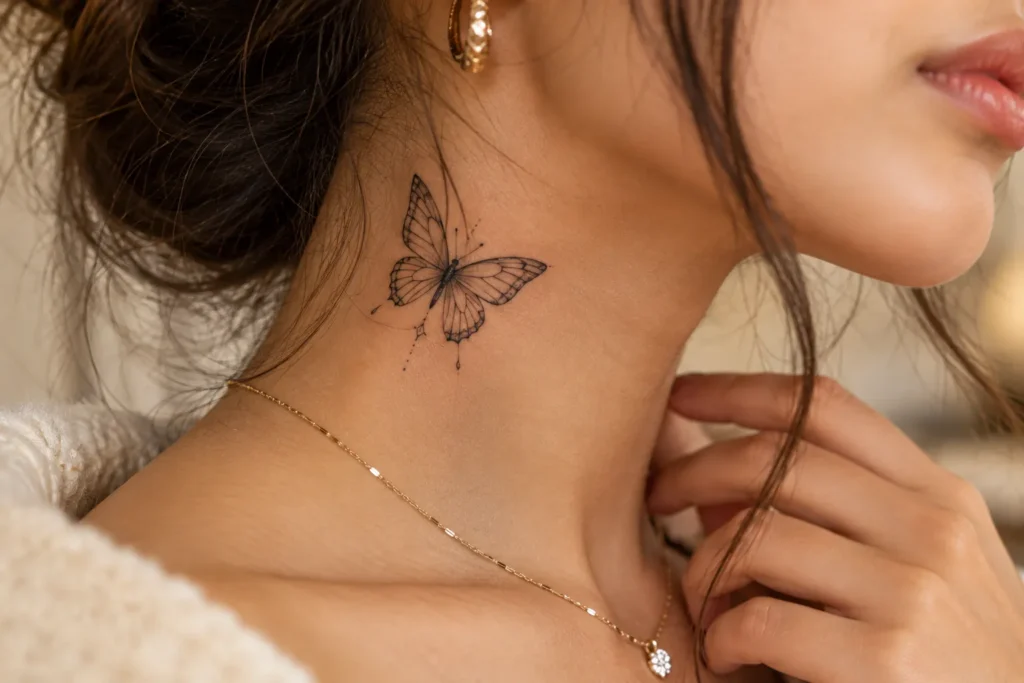 Tiny Butterfly Neck Tattoo